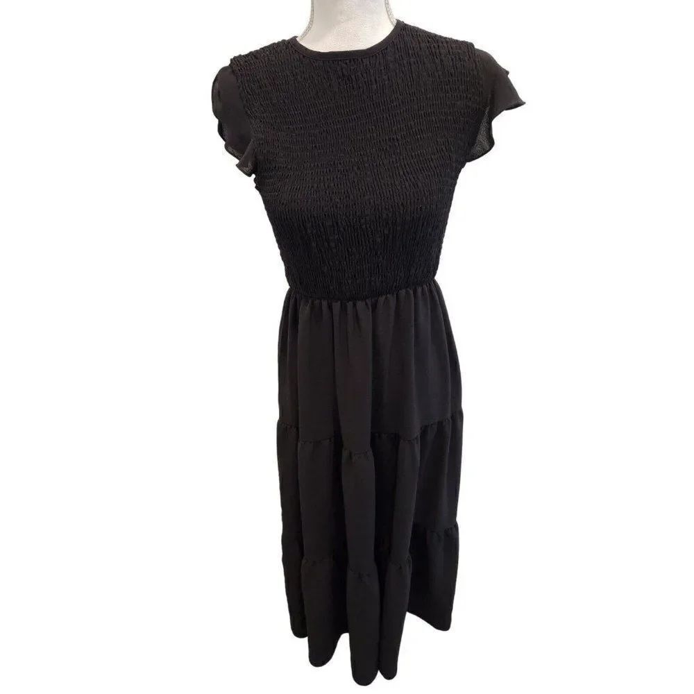 Vintage Y2K Midi Sleeveless Fluttered Black Dress S Summer Modest Smocked Top